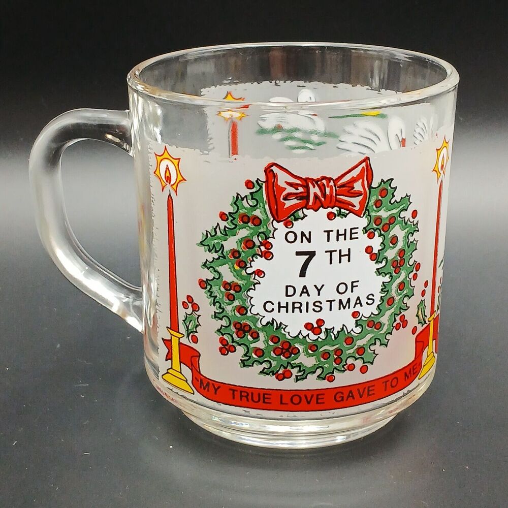 Vtg Twelve Days of Christmas Glass Mug Seven Swans Slimming 7th Day Of Christmas
